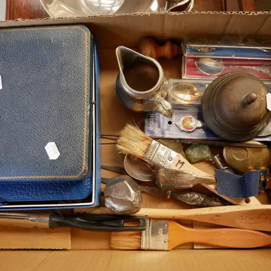 box; bible, cased cutlery, souvenir teaspoons etc