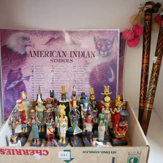 box; various Egyptian figurines, etc