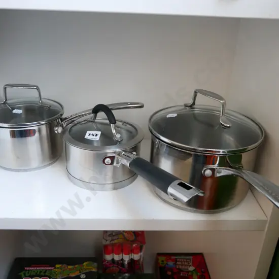 3 stainless steel pots with glass lids