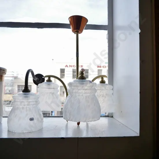 brass 3 bulb pendant light fitting and 1 wall fitting with white mottled glass shades