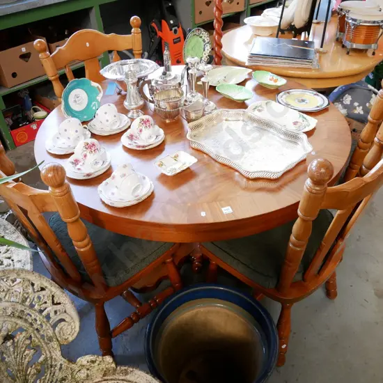 circular wooden pedestal table with 4 matching heavy pine chairs and cushions H- 740, Diam - 1210