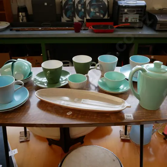 Poole leaf dish, teapot, cups, saucers, some have chips