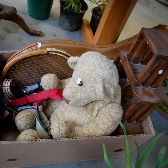 box allsorts; shelves,tennis racket, dog collars, teddy bear
