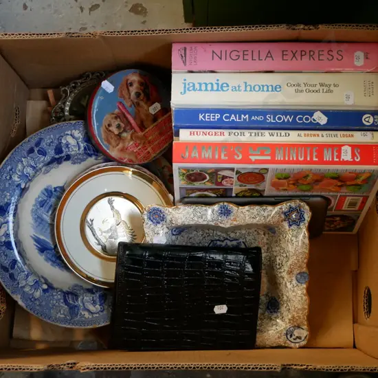 box; cookbooks, bowls, Sony tablet, etc