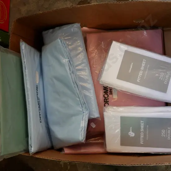 box; various bedsheets