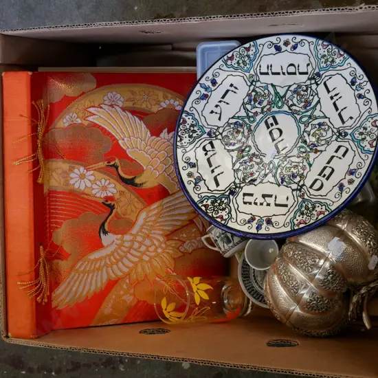 box; ornamental plated pumpkin, ashets, plates, photo album etc