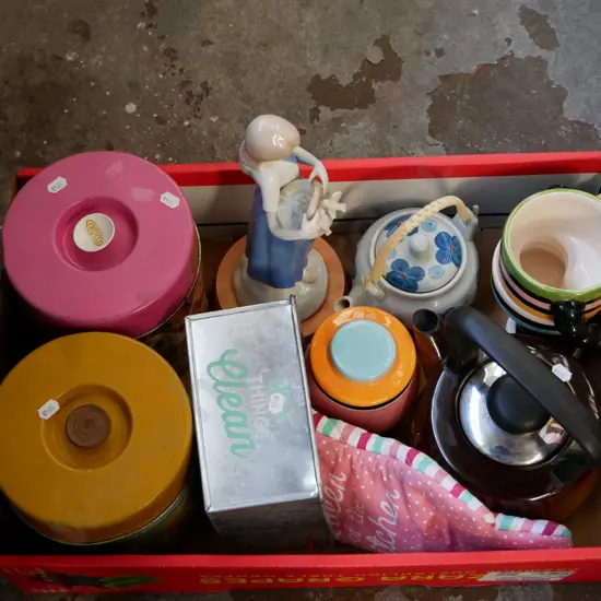 box; figurines, biscuit tins, stovetop kettle etc