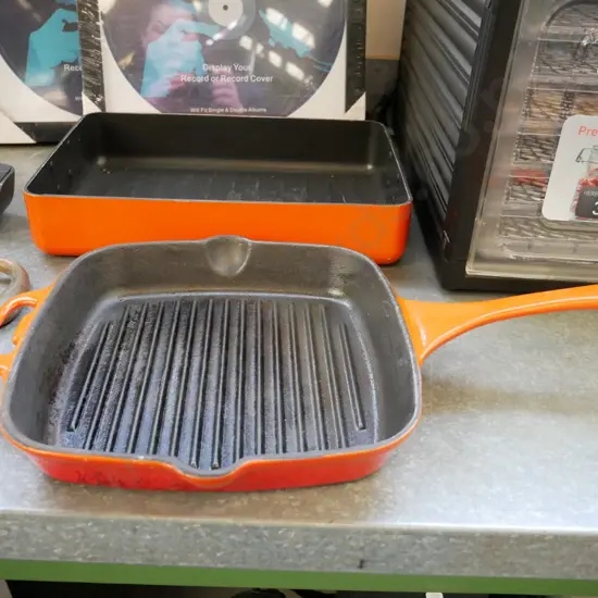cast iron and enamel skillet and baking dish