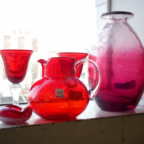 ruby glass jug, goblets, ash tray and large vase H- 350, - some cracks to jug and vase 