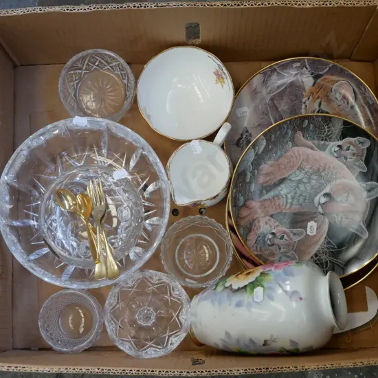 box; crystal bowls, vase, large cat themed cabinet plates etc