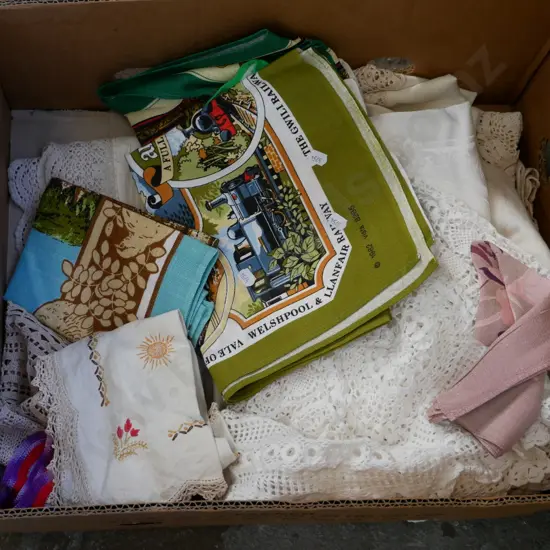 box; tablecloths, tea towels needlework items etc