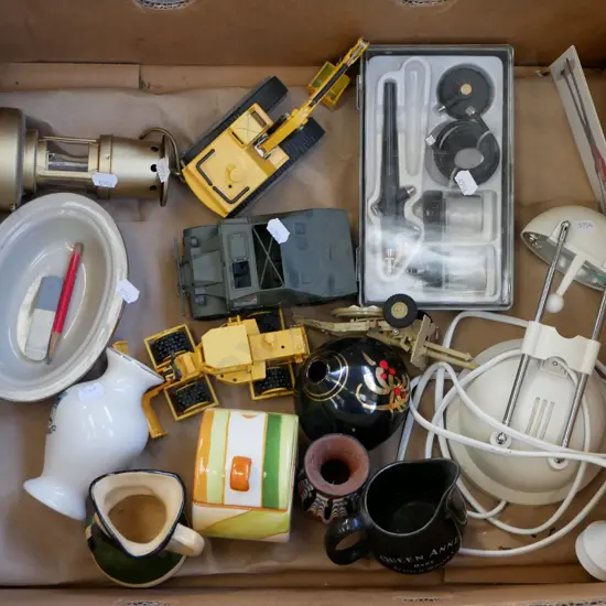 box; halogen desk lamp, air brush tools, toby jug, model vehicles etc
