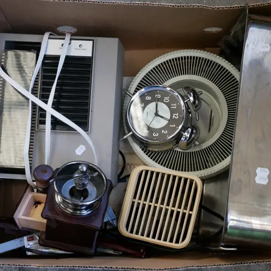 slide projector , stainless steel bain marie, alarm cloc etc