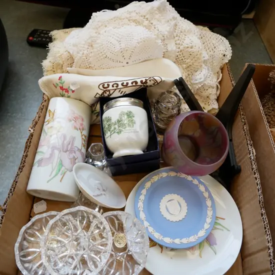 doilies, handworked linen, mottle glass vase, egg coddler etc