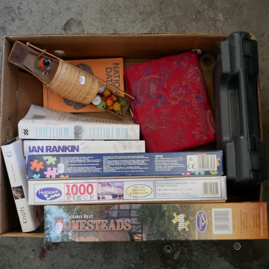 box; puzzles, books, tea set etc