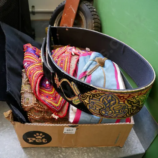 box of various traditional costume items,  Masonic regalia etc