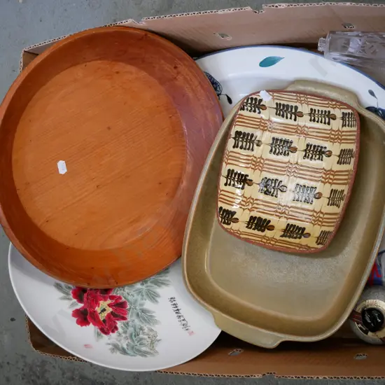 turned wooden bowl, Temuka pottery ashets etc