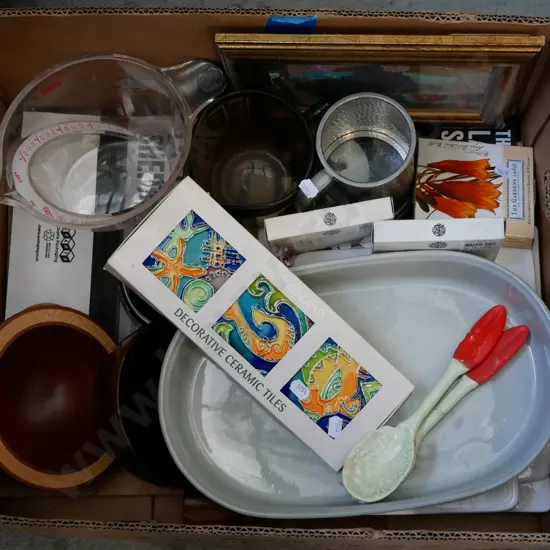 box; decorative tiles, plastic measuring jug etc