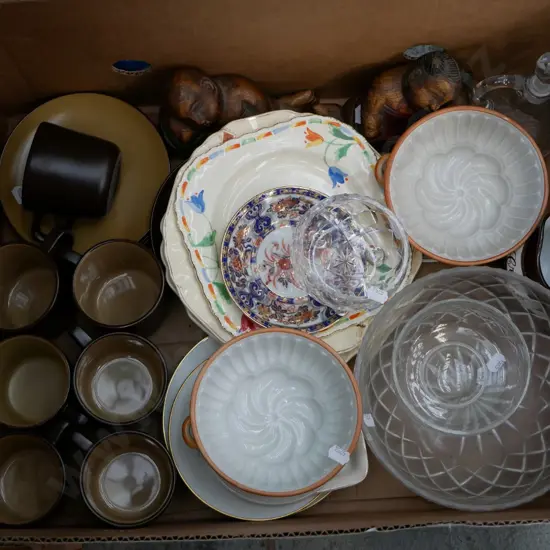 box; Mikasa cups saucers, plates, carved figurines etc