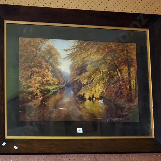 oak framed print - Swans on Stream