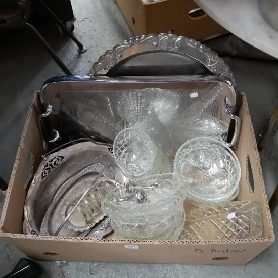 box; crystal and glass bowls, toast rack, plated trays, etc 