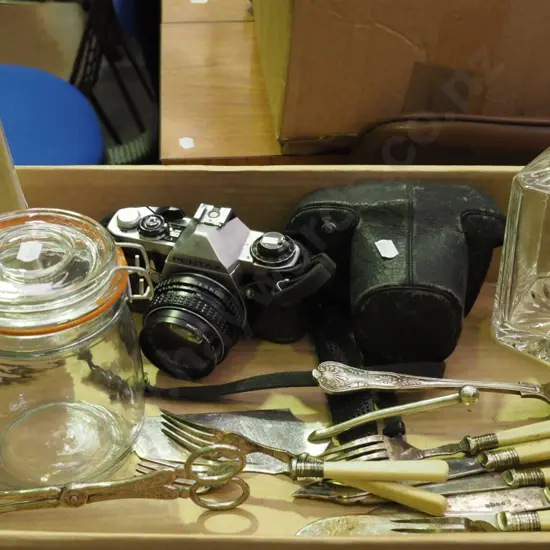  box; decanter, Pentax camera, metronome etc