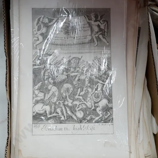 box; unframed religious etchings 