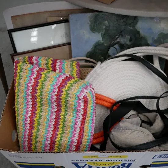 box; handbag, etchings, unframed prints, watercolours etc