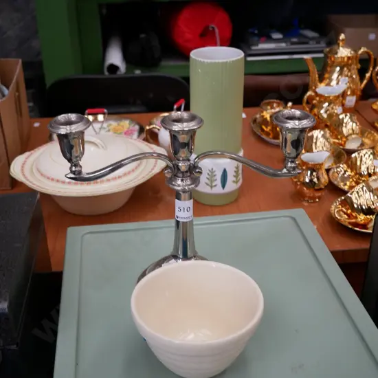 plated candleabra and small Crown Lynn mixing bowl with tiki backstamp