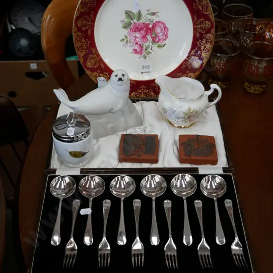 Wedgwood pink rose cabinet plate, cased platedware, seal figurine, egg coddler etc
