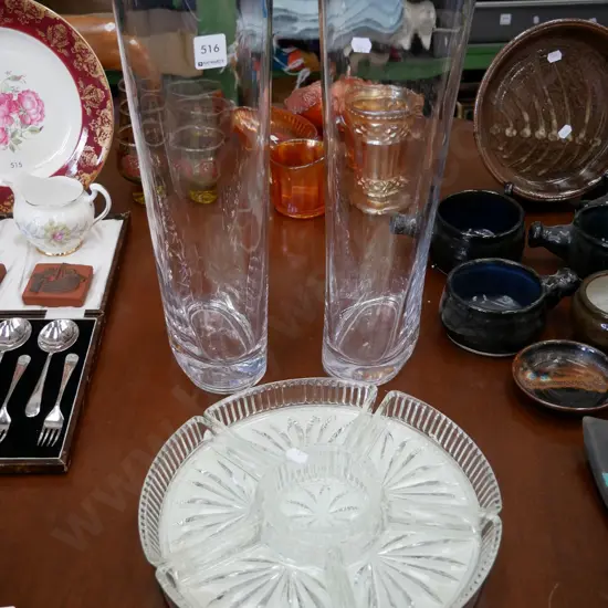2 tall glass vases and a segmented lazy susan serving tray, vases H -400