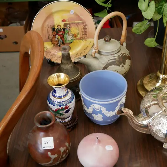 Doulton plate, studio pottery items , cloisonne vase, small wedgwood jardiniere etc