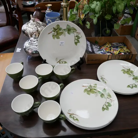 Crown Lynn grape pattern dinner plates and green teacups