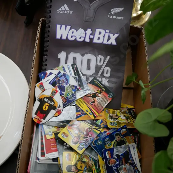 box; Weetbix collector card album and various sporting cards