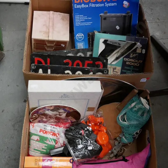 2 boxes of allsorts; aquarium filter, number plates, books, hammock etc - red dots