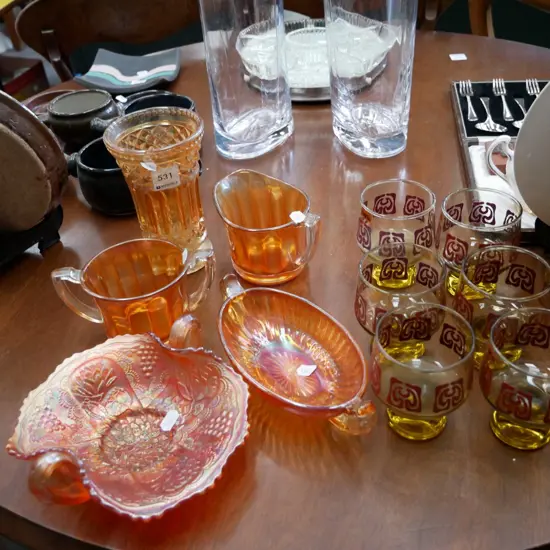 assorted carnival glass items and 6 amber glass patterned goblets