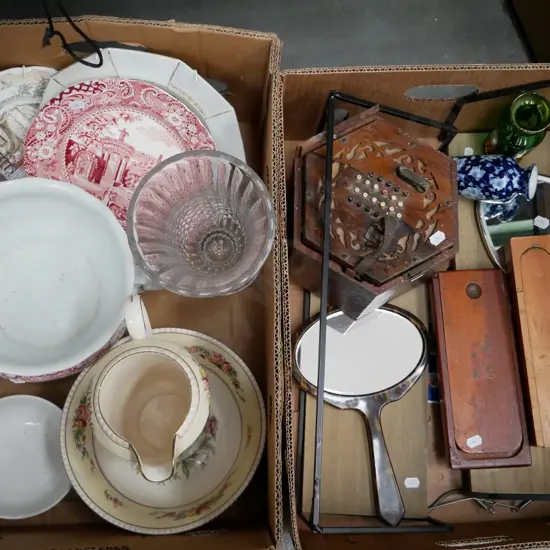 2 boxes; chamber pot, brass vase, button accordion, wall mounted shelves etc