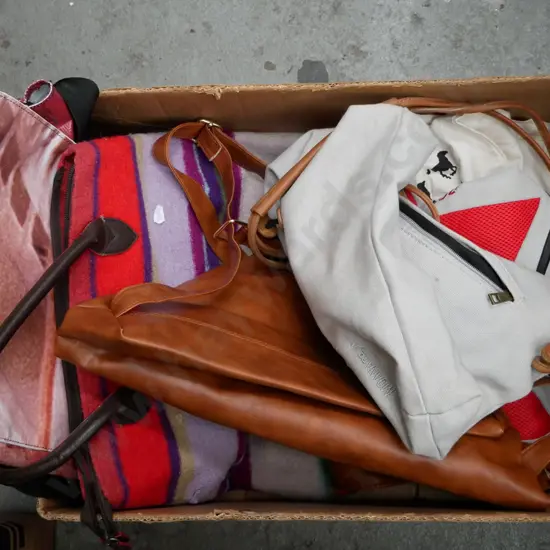 box; various handbags, holdalls etc