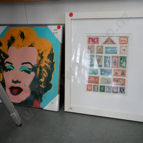 Andy Warhol print on board and framed NZ stamps - red dots
