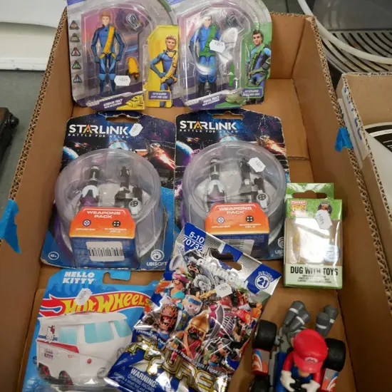 box of figurines and model vehicles