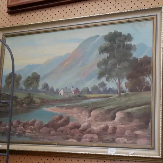 framed oil on board - farmhouse