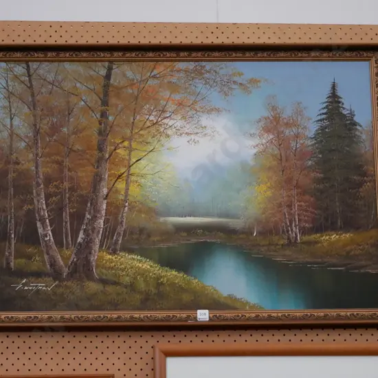 framed oil on board - pond and trees