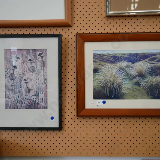 framed print - people in buildings, and framed pastel - tussock country - blue dots