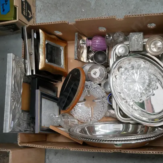 box; photo frames, plated ware, glass bowls etc