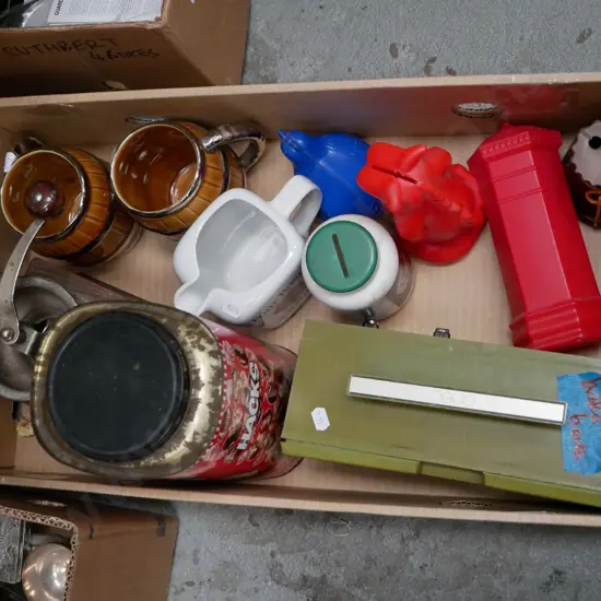 box; coffee mill, ceramic beer mugs, money boxes etc
