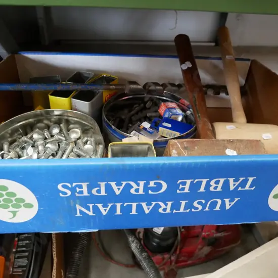 box; bolts, nails, wooden mallets, etc