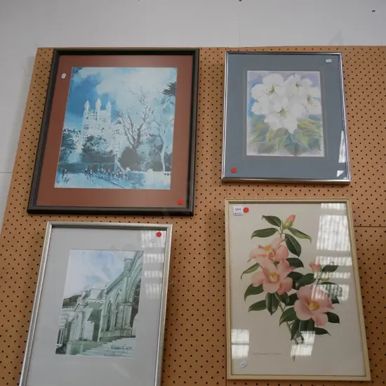 four framed prints - buildings and flowers - red dots