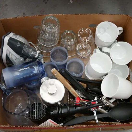box; kitchen utensils, water jug, iron glasses etc