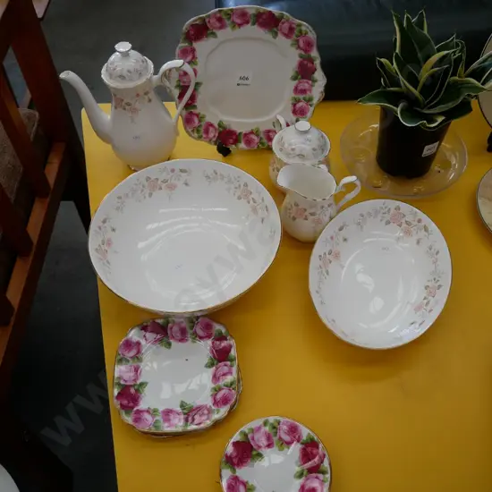 Royal Albert Autumn Sunlight coffee cups, plates, bowls, creamer, sugar and Old English Rose saucers and plates