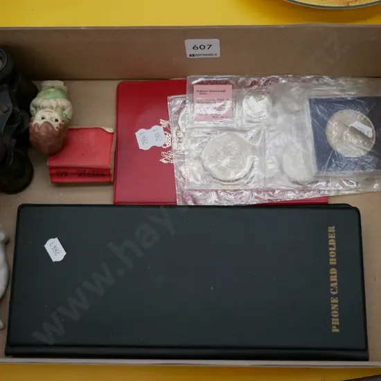 box; collector coins, opera glasses, phone cards etc